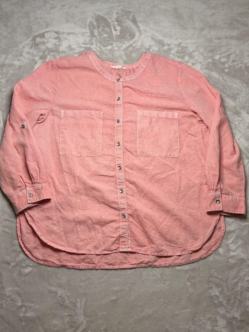 Caslon Button Up Shirt Womens L Pink Linen Cotton Roll Tab Sleeve Band Collar